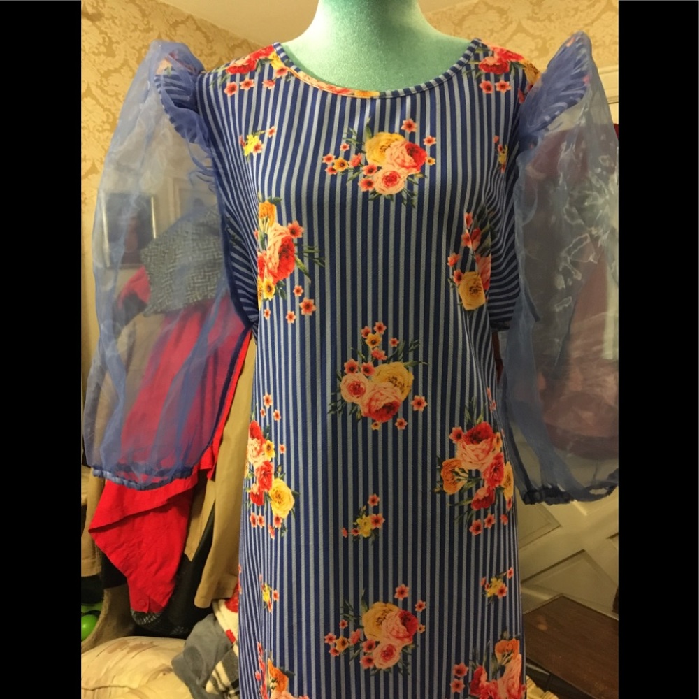 Blue Striped Floral Maxi Dress with Capped and Sheer Puff Sleeves Slit Skirt 2X